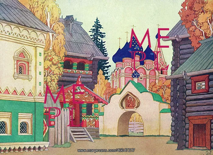 : Street scene, stage design by Ivan Bilibin : Street scene, stage design by Ivan Bilibin