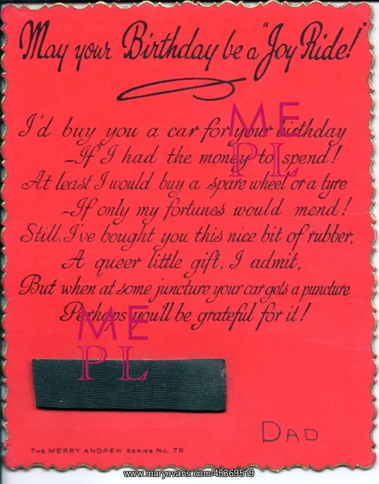 : Strip of rubber with comic verse on a birthday card : Strip of rubber with comic verse on a birthday card