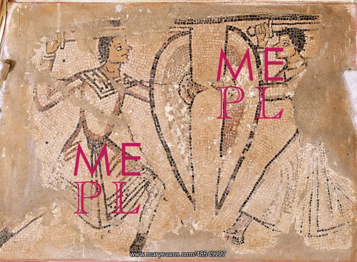 : Struggle between two warriors. Mosaic. Italy : Struggle between two warriors. Mosaic. Italy