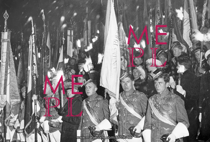 : Students belonging to a dueling society at a torchlight proc : Students belonging to a dueling society at a torchlight proc