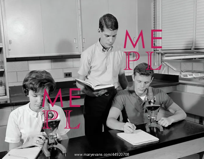 : Three students using microscopes two boys one : Three students using microscopes two boys one