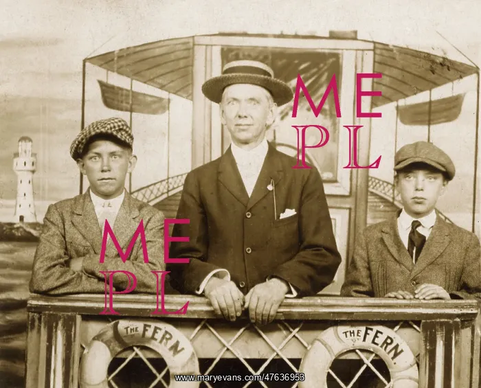 : Studio photo, three people on board ship, The Fern : Studio photo, three people on board ship, The Fern