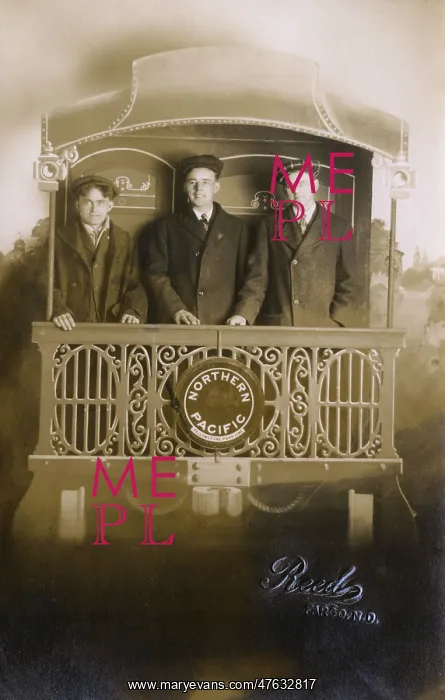 : Studio photo, three young men on Northern Pacific train : Studio photo, three young men on Northern Pacific train