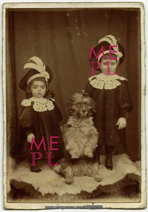 : Studio portrait, two children with dog : Studio portrait, two children with dog