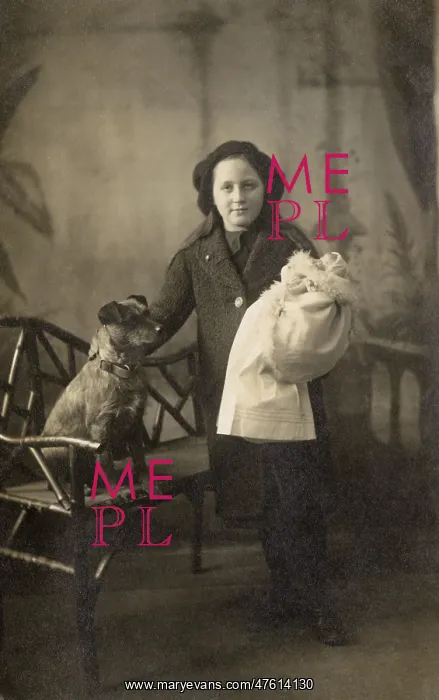 : Studio portrait, girl with dog and doll : Studio portrait, girl with dog and doll