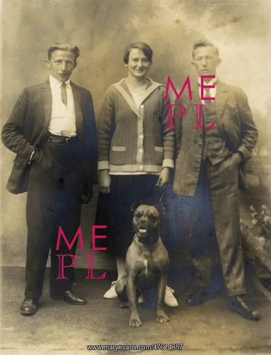  : Studio portrait, three people with boxer dog