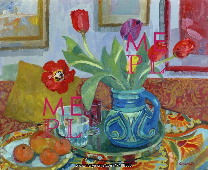 : Studio Tulips ' tulips in jug on tray : Studio Tulips ' tulips in jug on tray