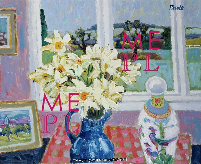 : Studio Window ' white flowers in a blue jug : Studio Window ' white flowers in a blue jug