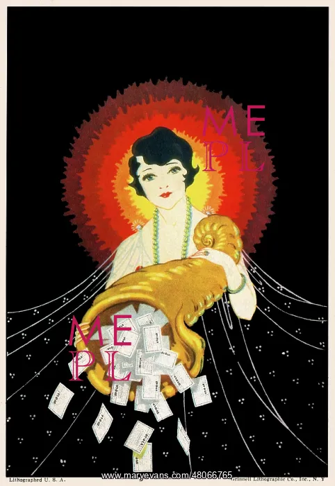 : A stylised 1920s Woman holding a cornucopia of dye packets : A stylised 1920s Woman holding a cornucopia of dye packets