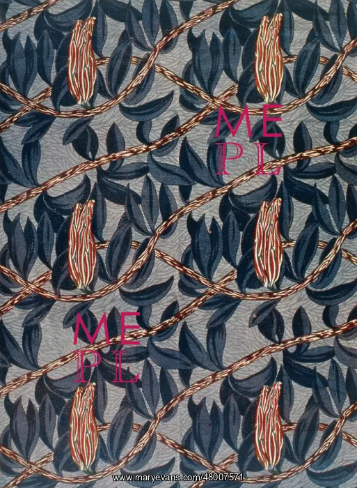  : Stylised floral design in blue, red and grey