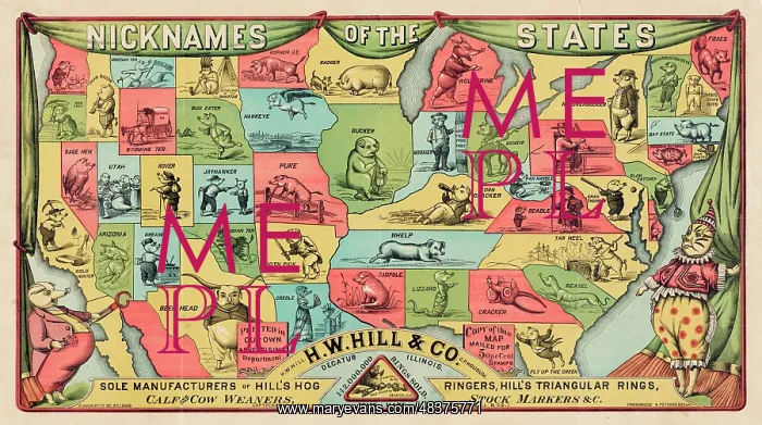 : A stylized map of the United States with nicknames : A stylized map of the United States with nicknames