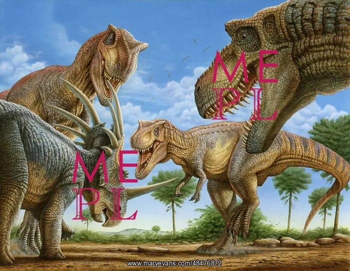 : A Styracosaurus dinosaur is surrounded by a group : A Styracosaurus dinosaur is surrounded by a group