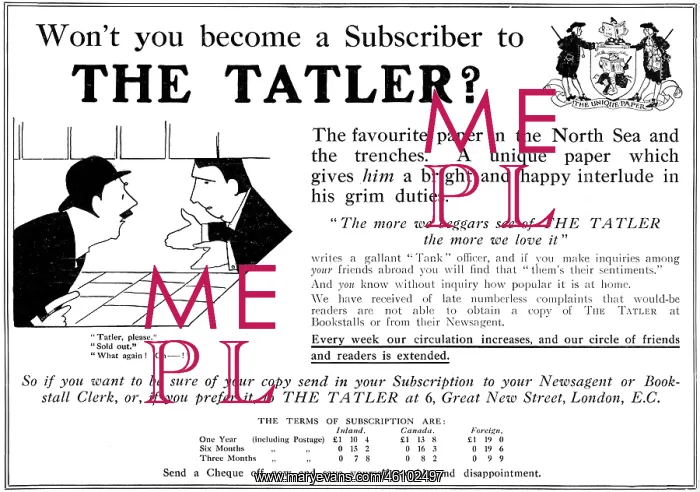 : Become a subscriber to The Tatler, WW1 advertisement : Become a subscriber to The Tatler, WW1 advertisement