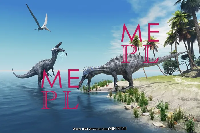 : Suchomimus dinosaurs feed on fish on the shoreline : Suchomimus dinosaurs feed on fish on the shoreline