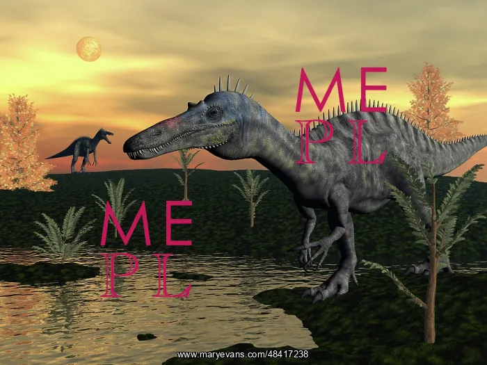 : Suchomimus dinosaurs walking next to pond at sunset : Suchomimus dinosaurs walking next to pond at sunset