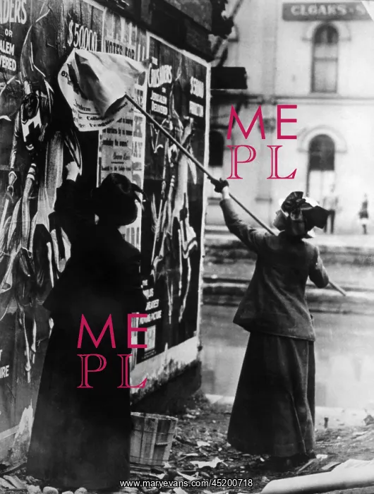 : Two suffragettes posting a billboard in ? : Two suffragettes posting a billboard in ?