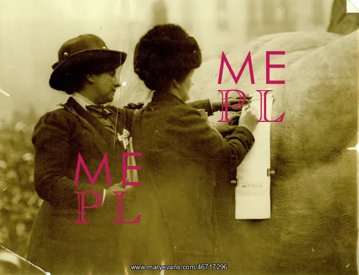 : Two suffragettes signing a petition : Two suffragettes signing a petition