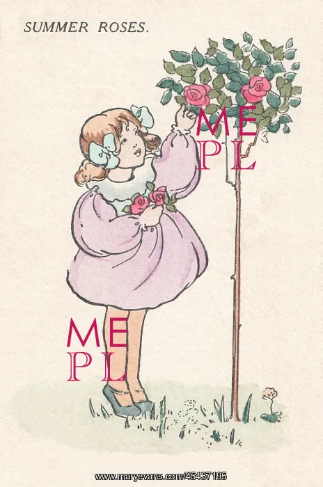  : Summer. Plucking roses from a bush. Artist: Anne Anderson