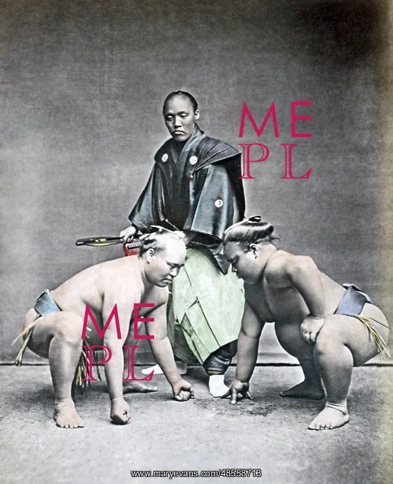  : Sumo wrestlers and referee, Japan, 1870s