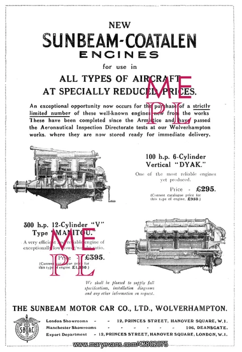 : Sunbeam -Coatalen Aero Engine Range 1922 : Sunbeam -Coatalen Aero Engine Range 1922