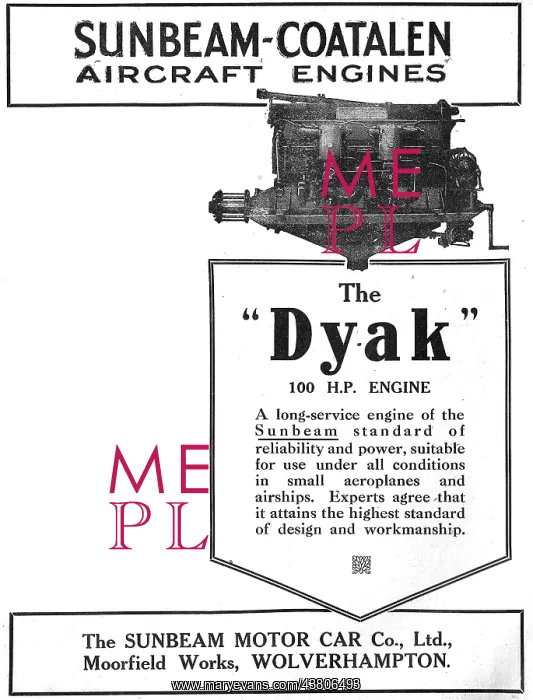 : Sunbeam-Coatalen Dyak 100 HP Aero Engine : Sunbeam-Coatalen Dyak 100 HP Aero Engine