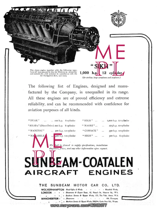 : Sunbeam-Coatalen Sikh 12 Cylinder Aero Engine : Sunbeam-Coatalen Sikh 12 Cylinder Aero Engine