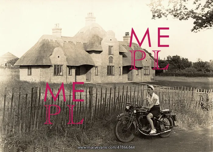 : Sunbeam motorcycle, Norfolk Broads, 1933 : Sunbeam motorcycle, Norfolk Broads, 1933
