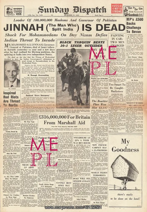 : Sunday Dispatch newspaper - Death of Muhammad Jinnah : Sunday Dispatch newspaper - Death of Muhammad Jinnah