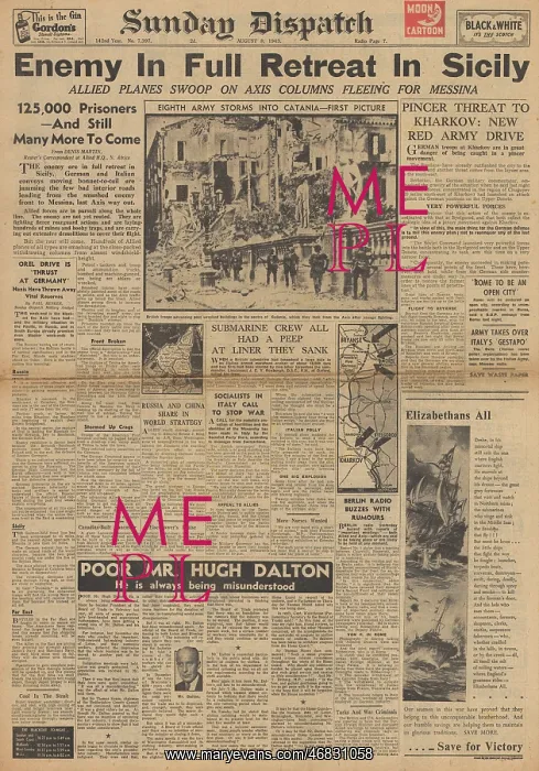 : Sunday Dispatch front page Battle for Sicily : Sunday Dispatch front page Battle for Sicily