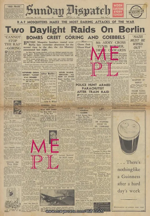 : Sunday Dispatch front page RAF Mosquitos bomb Berlin : Sunday Dispatch front page RAF Mosquitos bomb Berlin