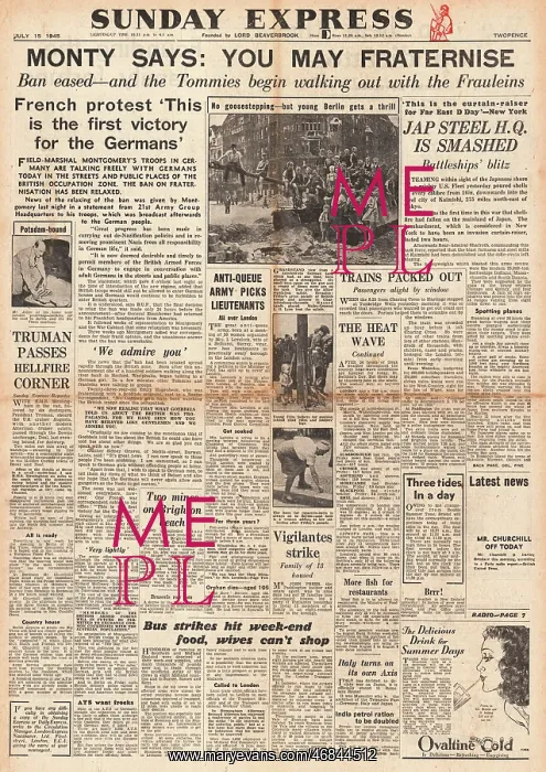 : Sunday Express front page Allies end fraternisation ban : Sunday Express front page Allies end fraternisation ban