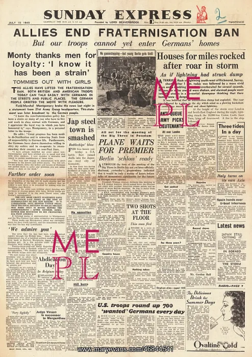 : Sunday Express front page Allies end fraternisation ban : Sunday Express front page Allies end fraternisation ban