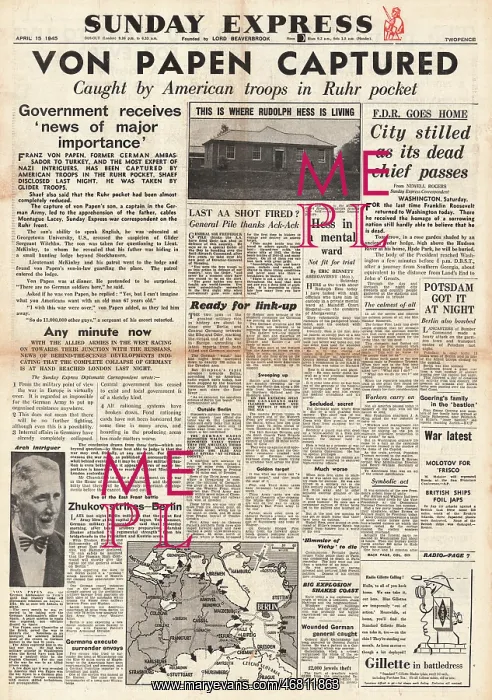 : Sunday Express front page Capture of Von Papen : Sunday Express front page Capture of Von Papen