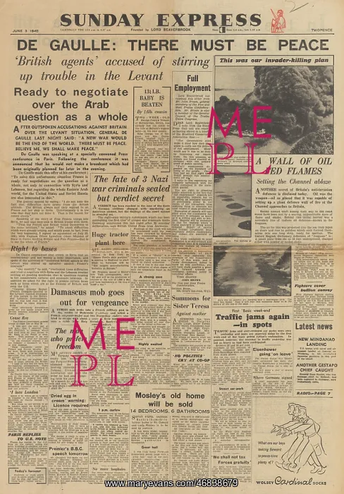 : Sunday Express front page De Gaulle statement on Syria : Sunday Express front page De Gaulle statement on Syria