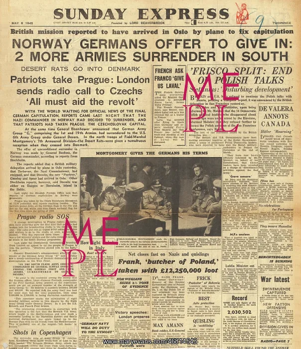 : Sunday Express front page Germans surrender in Norway : Sunday Express front page Germans surrender in Norway