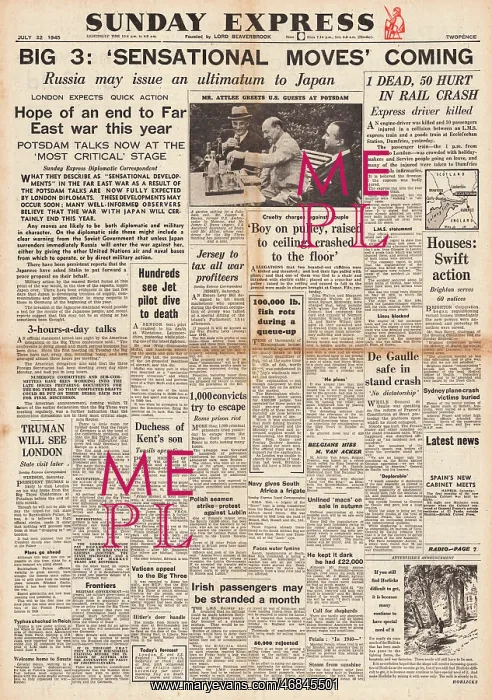 : Sunday Express front page Potsdam Conference : Sunday Express front page Potsdam Conference