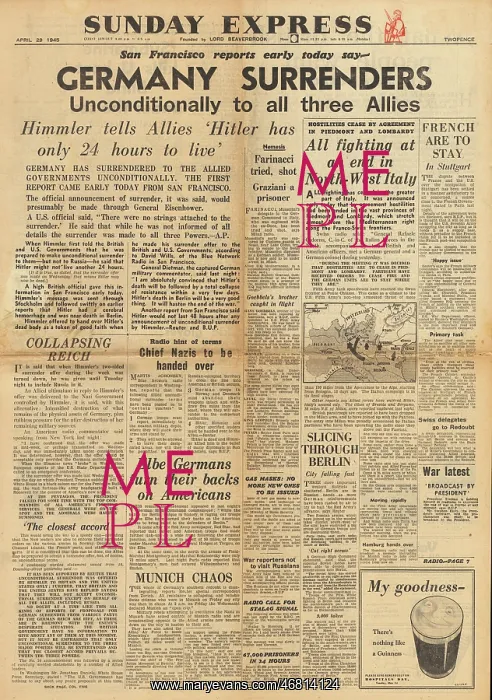 : Sunday Express front page Reports of Germanys surrender : Sunday Express front page Reports of Germanys surrender