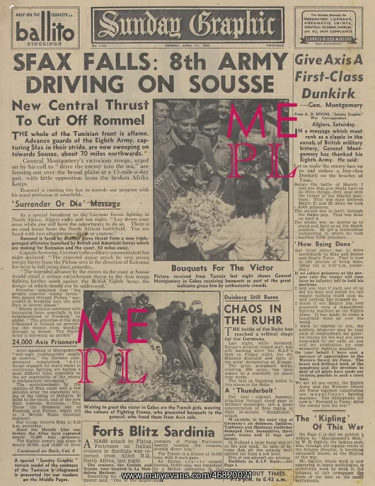 : Sunday Graphic front page Eighth Army enter Sfax : Sunday Graphic front page Eighth Army enter Sfax