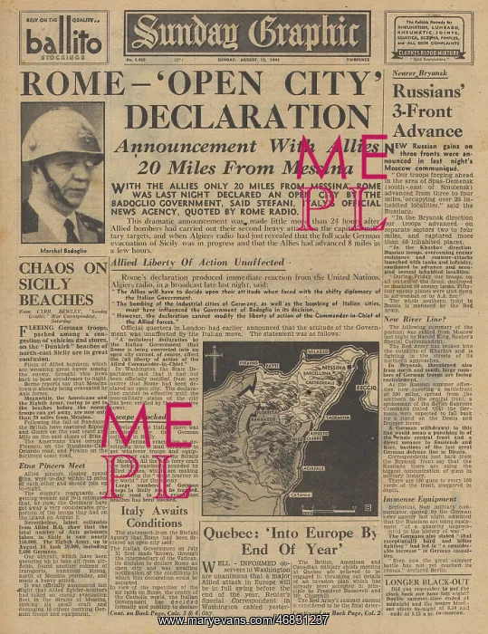 : Sunday Graphic front page Rome declared an open city : Sunday Graphic front page Rome declared an open city