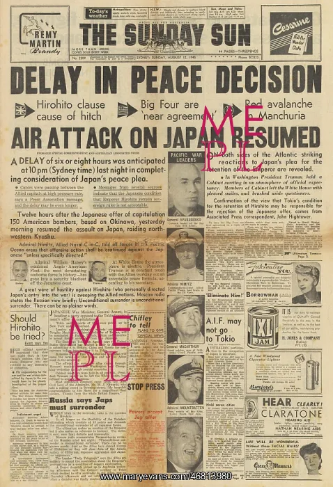 : The Sunday Sun front page Delay in Japans surrender : The Sunday Sun front page Delay in Japans surrender