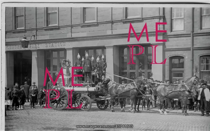 : Superb four horse fire engine with firemen : Superb four horse fire engine with firemen
