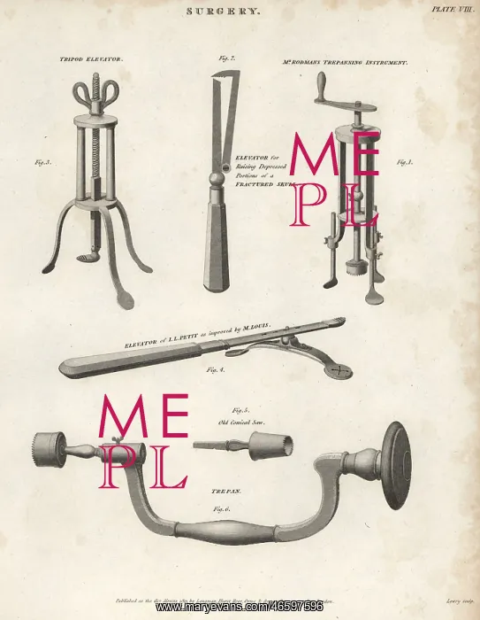 : Surgical equipment including elevator and trepans, 19thC : Surgical equipment including elevator and trepans, 19thC