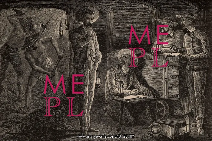 : Mine survey in progress. 1869. Wood engraving : Mine survey in progress. 1869. Wood engraving