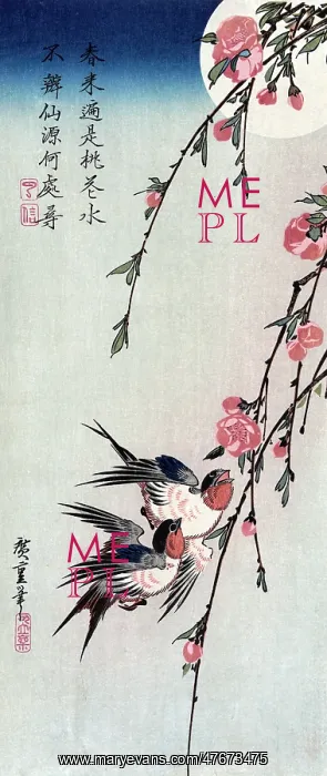 : Swallows with Peach Blossoms and Full Moon, 1850s : Swallows with Peach Blossoms and Full Moon, 1850s