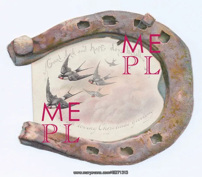 : Swallows and rusty horseshoe on a Christmas card : Swallows and rusty horseshoe on a Christmas card