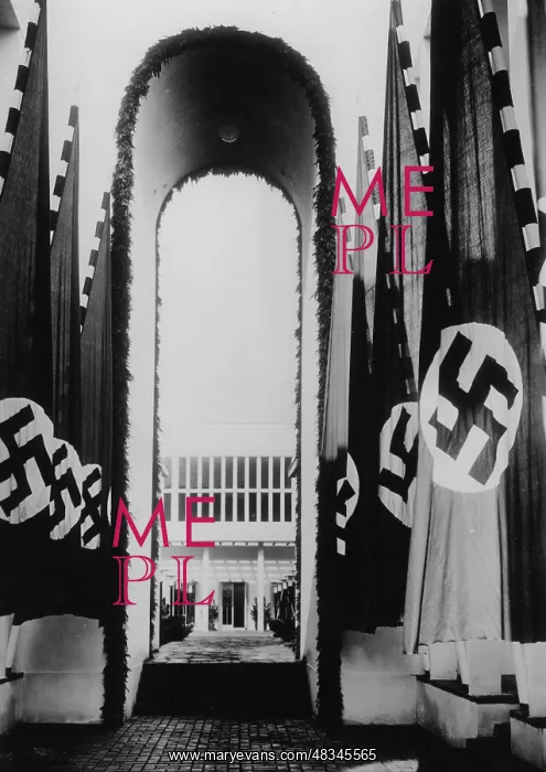 : Swastika flags on the exhibition Schaffendes : Swastika flags on the exhibition Schaffendes