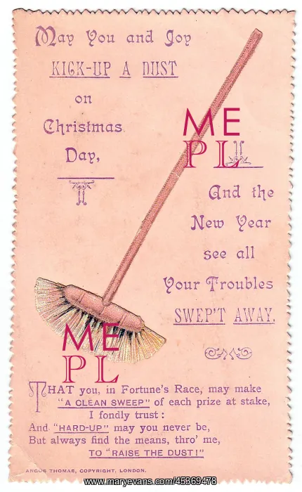 : Sweeping brush with comic verse on a Christmas card : Sweeping brush with comic verse on a Christmas card