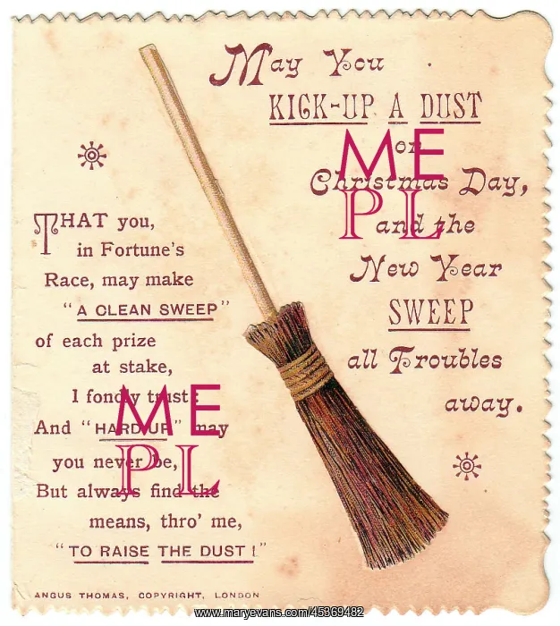 : Sweeping brush with comic verse on a Christmas card : Sweeping brush with comic verse on a Christmas card