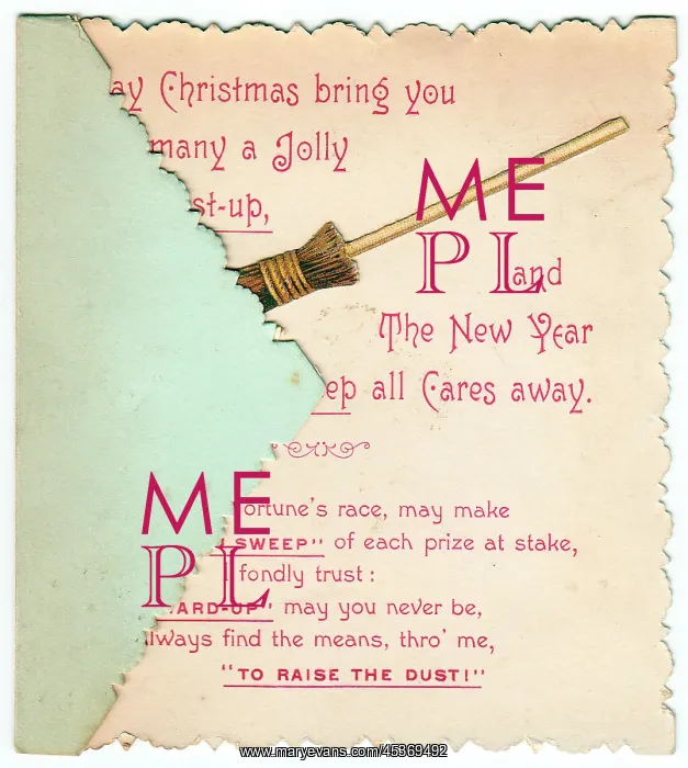 : Sweeping brush with comic verse on a Christmas card : Sweeping brush with comic verse on a Christmas card