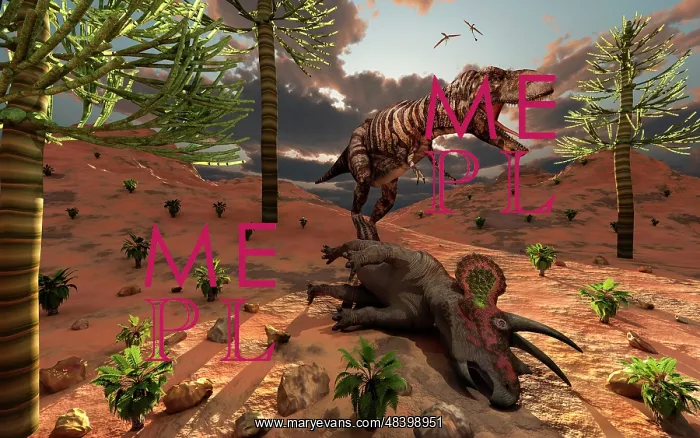 : A T-Rex comes across the carcass of a dead Triceratops : A T-Rex comes across the carcass of a dead Triceratops